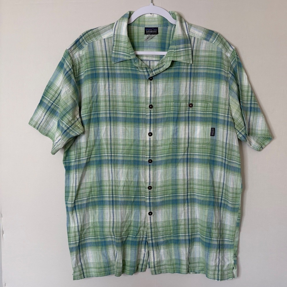 Patagonia AC Shirt Mens XL Green Plaid Organic Cotton Short Sleeve Gorpcore